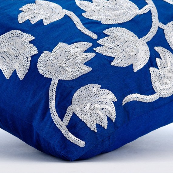 Tulipomania - Royal Blue Art Silk Throw Pillow Cover