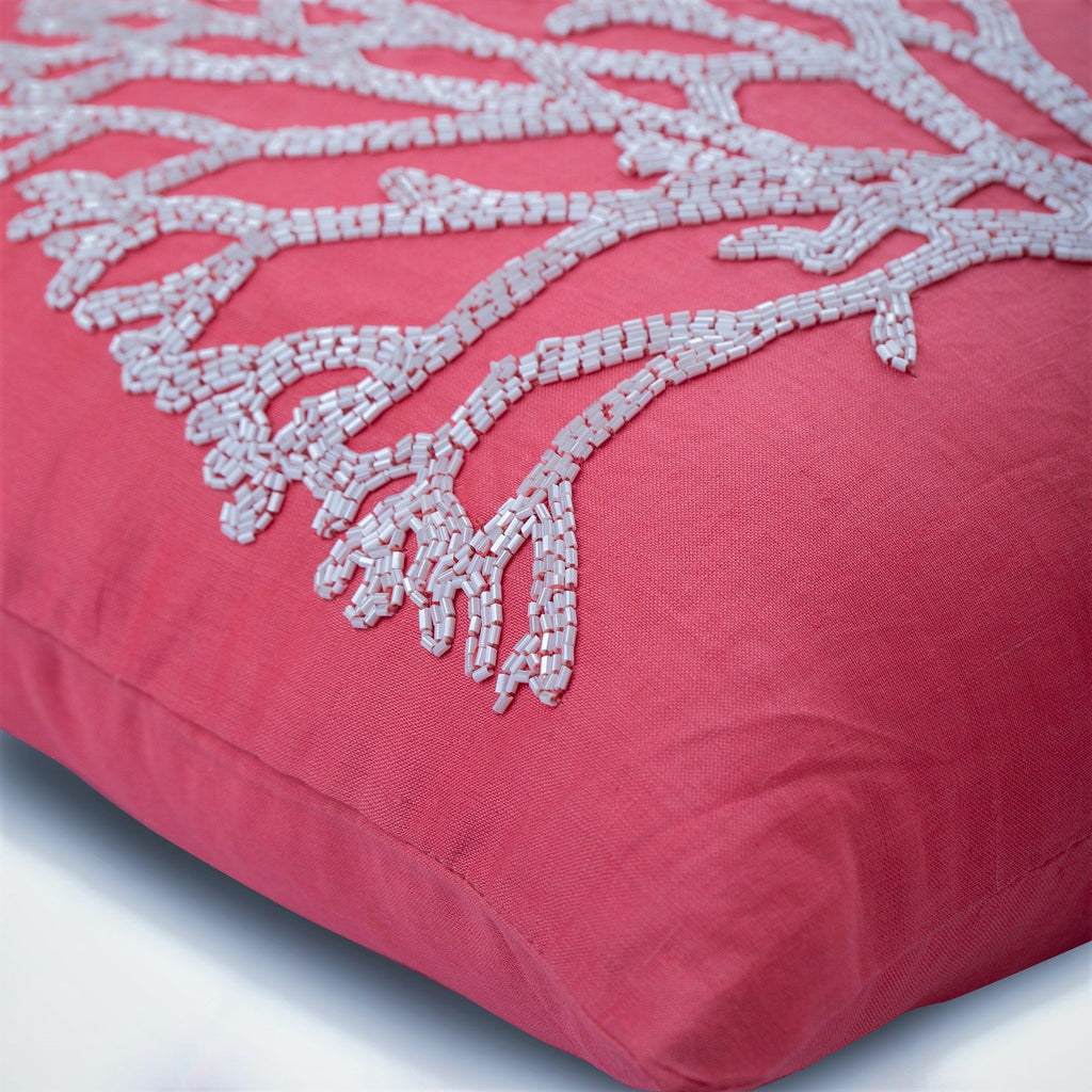White Forest - Coral Pink Cotton Linen Throw Pillow Cover