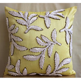 White Leaves - Yellow Art Silk Throw Pillow Cover